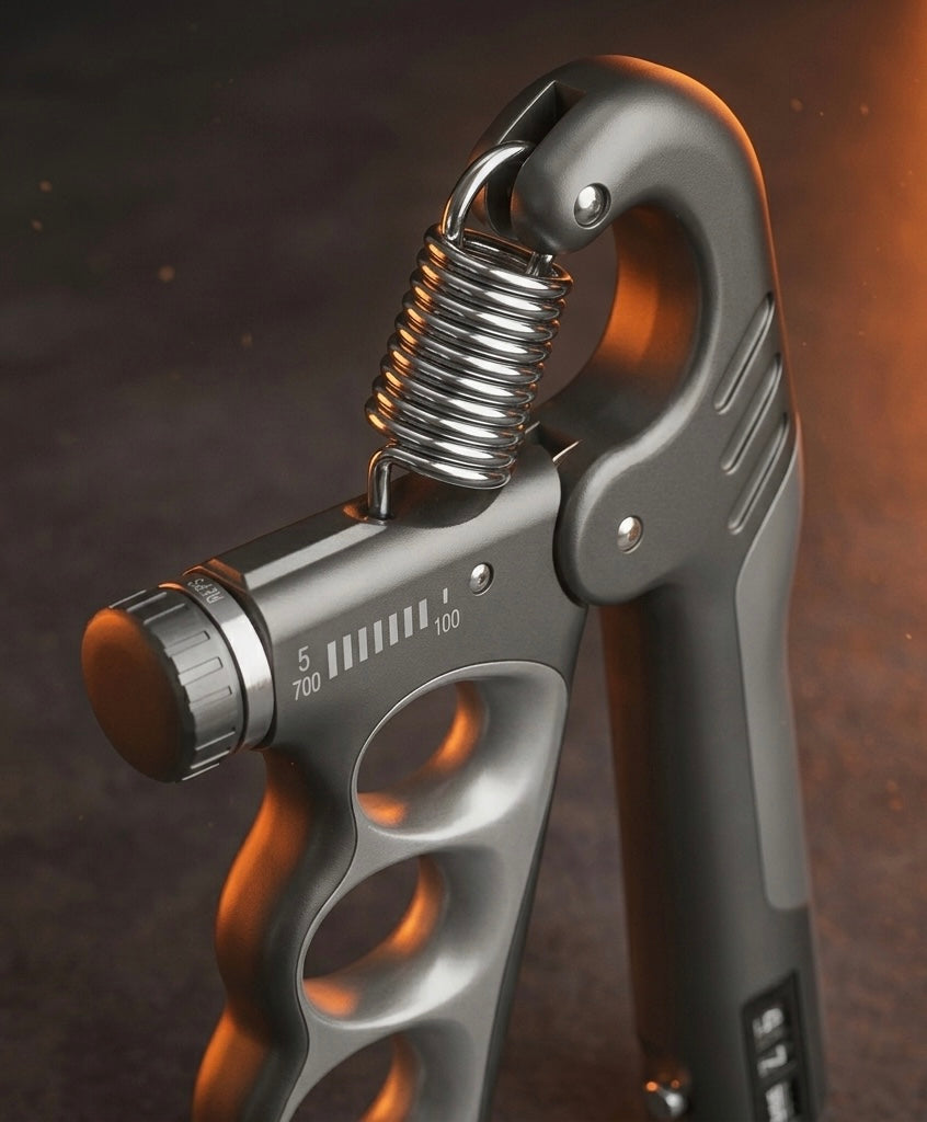Grey adjustable grip trainer showing the 5 to 100KG resistance dial