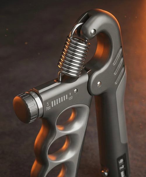 Grey adjustable grip trainer showing the 5 to 100KG resistance dial