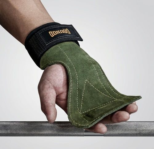 Leather lifting grips with padded wrist strap and Velcro closure